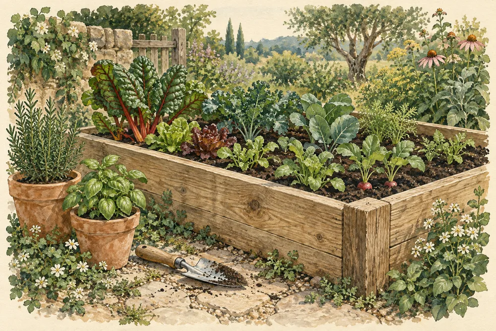 Gouache illustration of a timber raised bed with soil, leafy plants and terracotta pots.