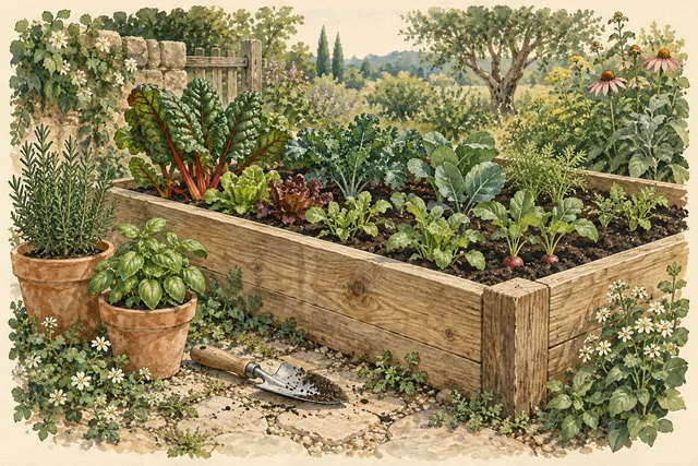 Gouache illustration of a timber raised bed with soil, leafy plants and terracotta pots.